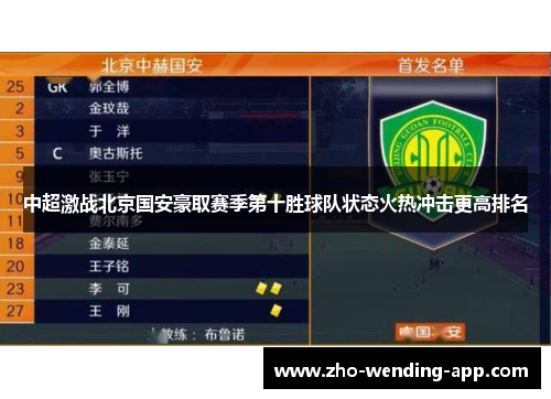 中超激战北京国安豪取赛季第十胜球队状态火热冲击更高排名
