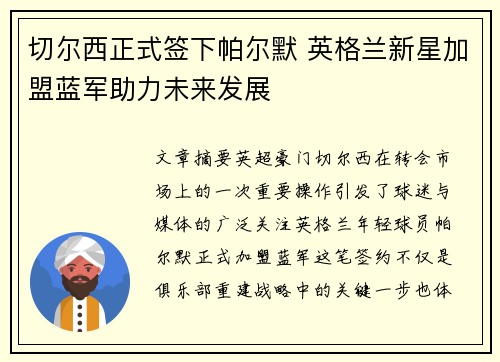 切尔西正式签下帕尔默 英格兰新星加盟蓝军助力未来发展
